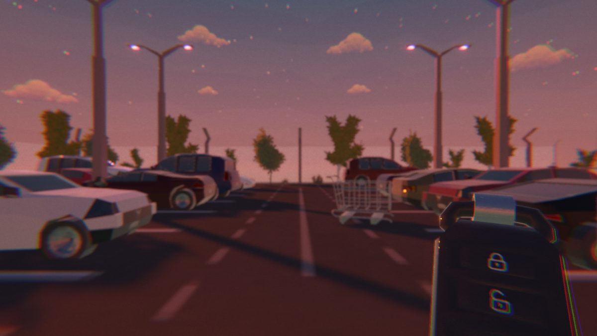 Un estacionamiento de aspecto onírico al atardecer, con una llave de auto en primer plano