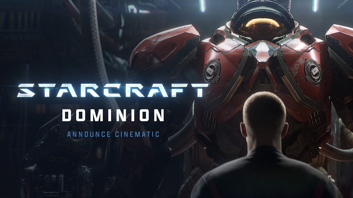 Una figura humana observa una armadura terran bajo el título STARCRAFT Dominion