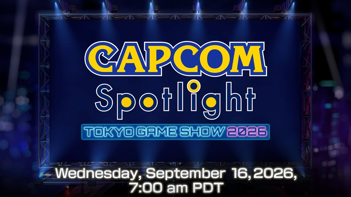 Escenario azul del Capcom Spotlight Tokyo Game Show 2026 con el logotipo de Capcom iluminado