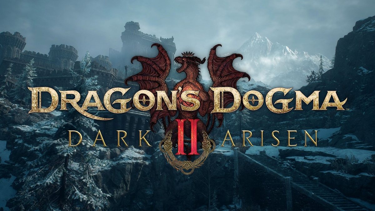 Montañas nevadas y el logotipo de Dragon's Dogma 2: Dark Arisen
