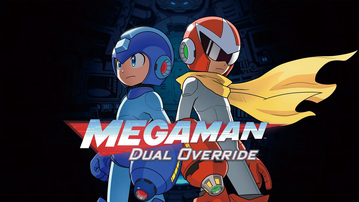 Mega Man y Proto Man aparecen juntos ante el logotipo de Mega Man: Dual Override