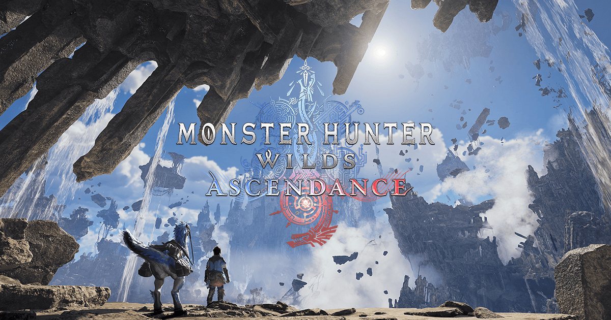Dos cazadores observan formaciones rocosas flotantes bajo el logotipo de Monster Hunter Wilds: Ascendance