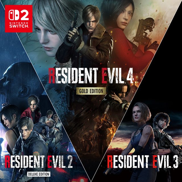 Arte promocional de Nintendo Switch 2 que reúne Resident Evil 2, Resident Evil 3 y Resident Evil 4 Gold Edition