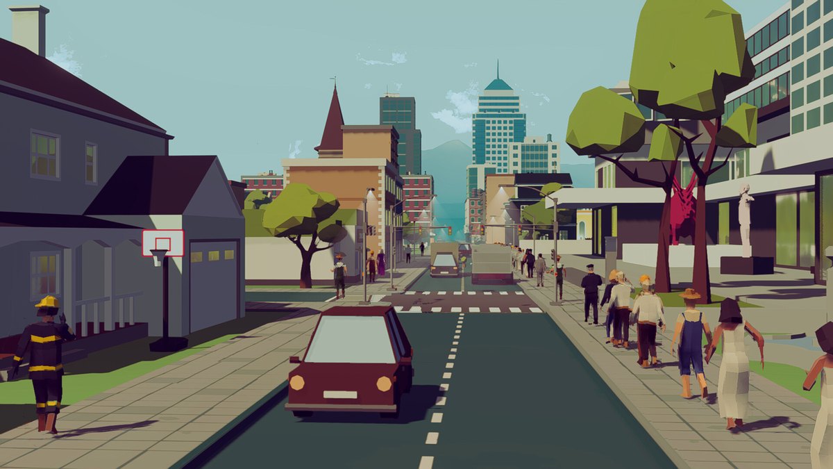 Una calle urbana de Empluna con edificios, vehículos, peatones y árboles en estilo low-poly