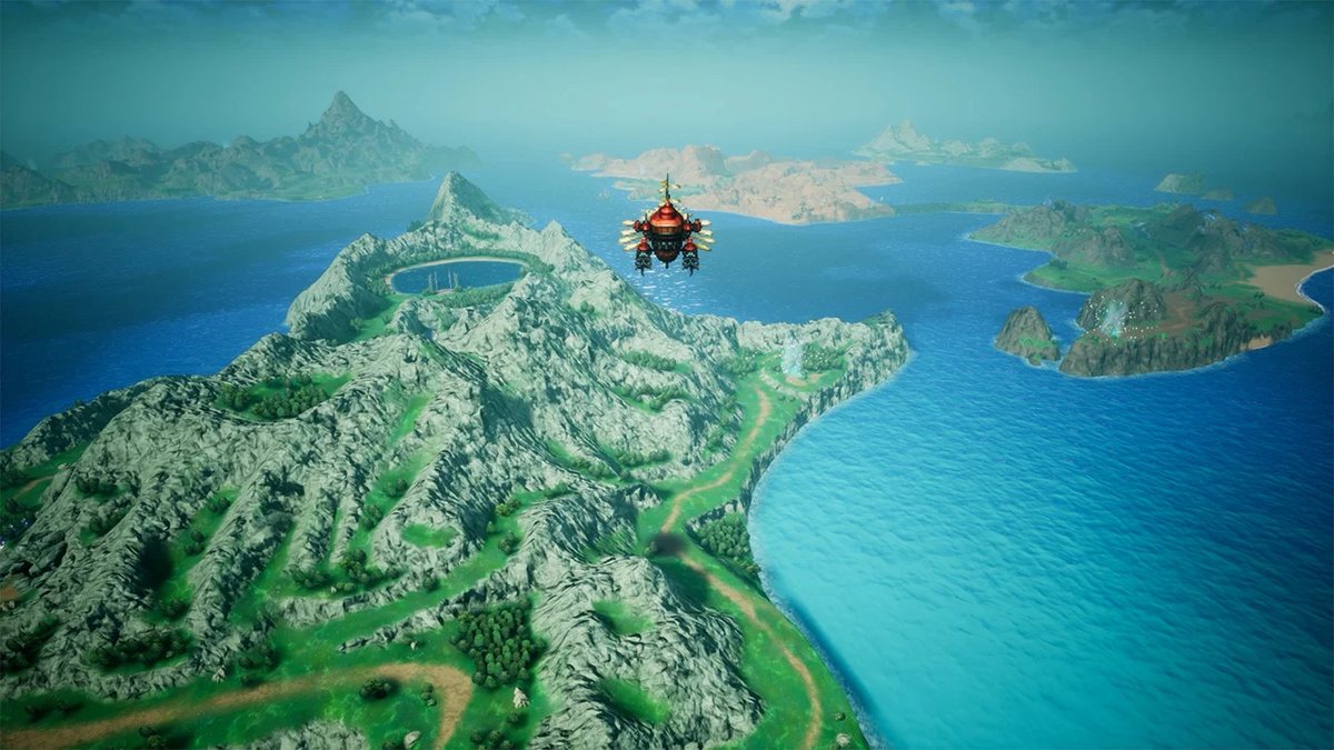Una aeronave sobrevuela islas montañosas rodeadas por el mar en Final Fantasy Resonance