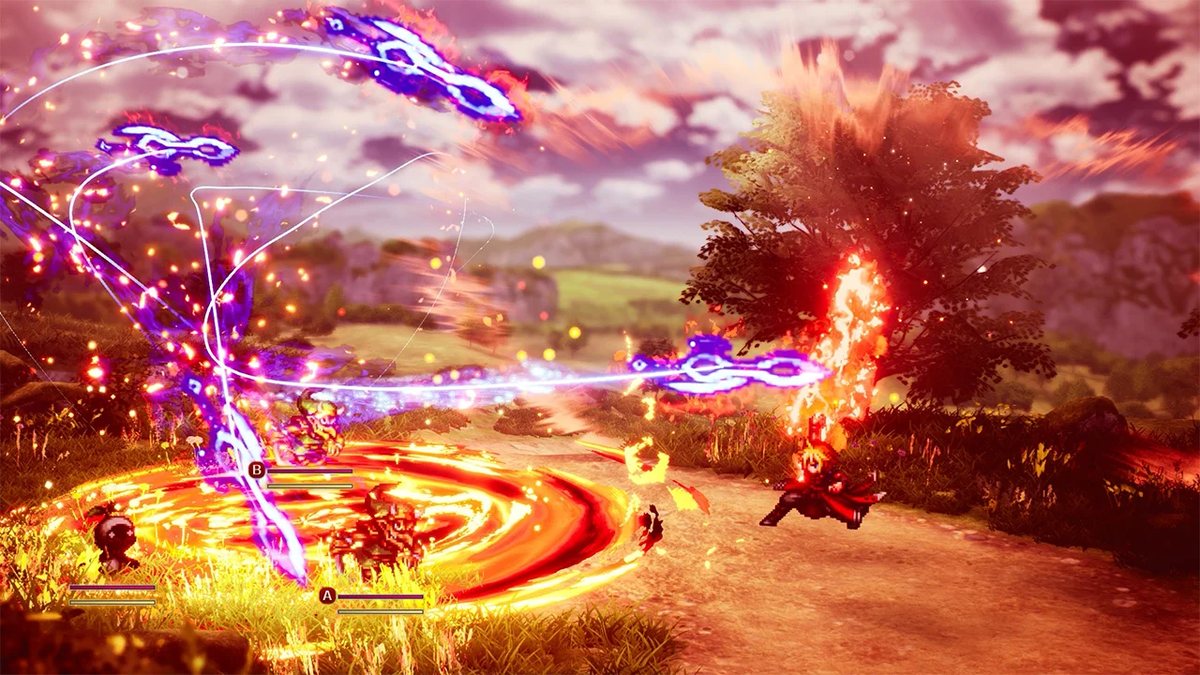 El grupo de Final Fantasy Resonance combate a varios enemigos en un campo mientras efectos rojos y violetas cruzan la pantalla