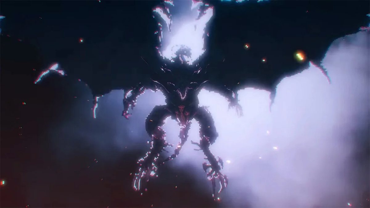 Una figura oscura con alas luminosas aparece entre nubes y destellos en Final Fantasy Resonance