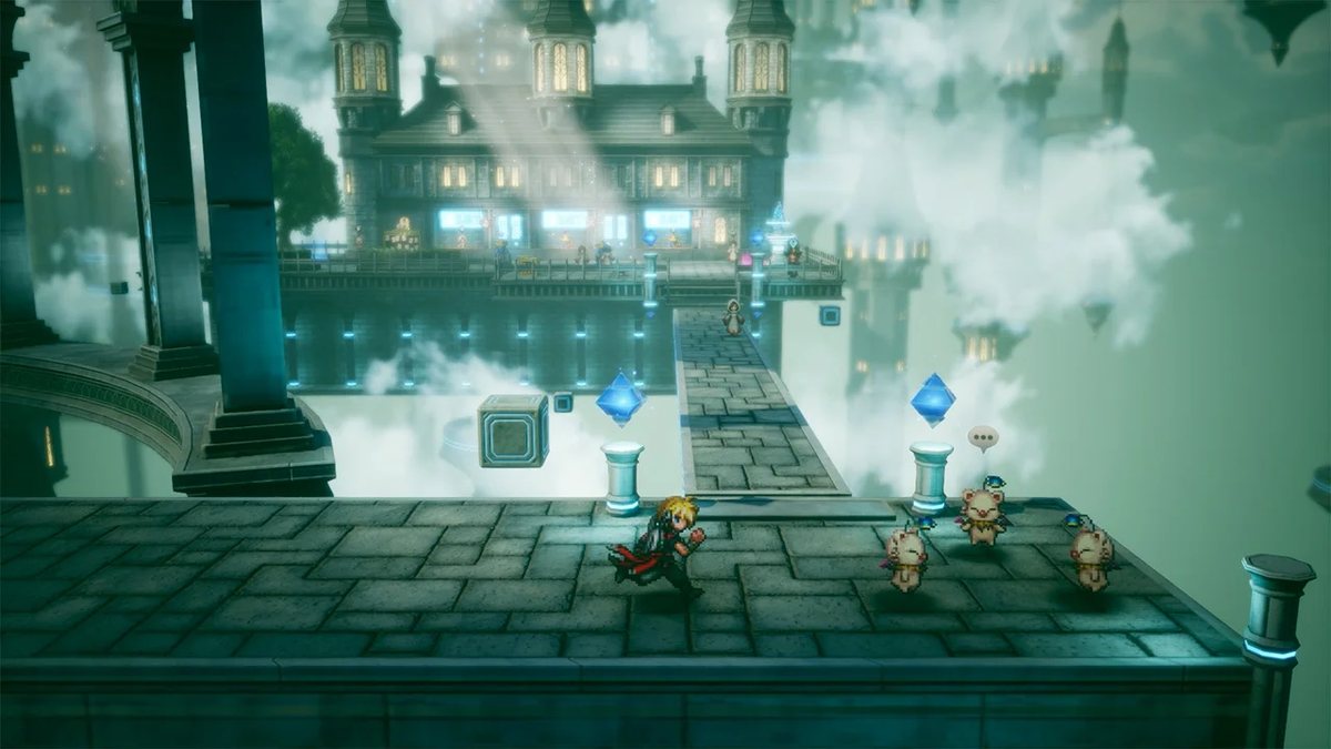Rain, Lasswell y Fina caminan por una ciudad elevada construida con el estilo visual HD-2D de Final Fantasy Resonance