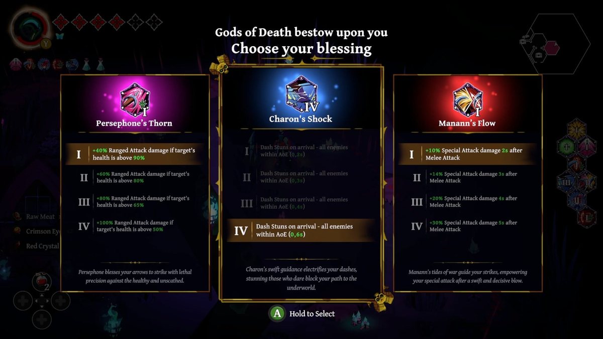 Avelin selecciona una Blessing durante una partida de Grim Trials