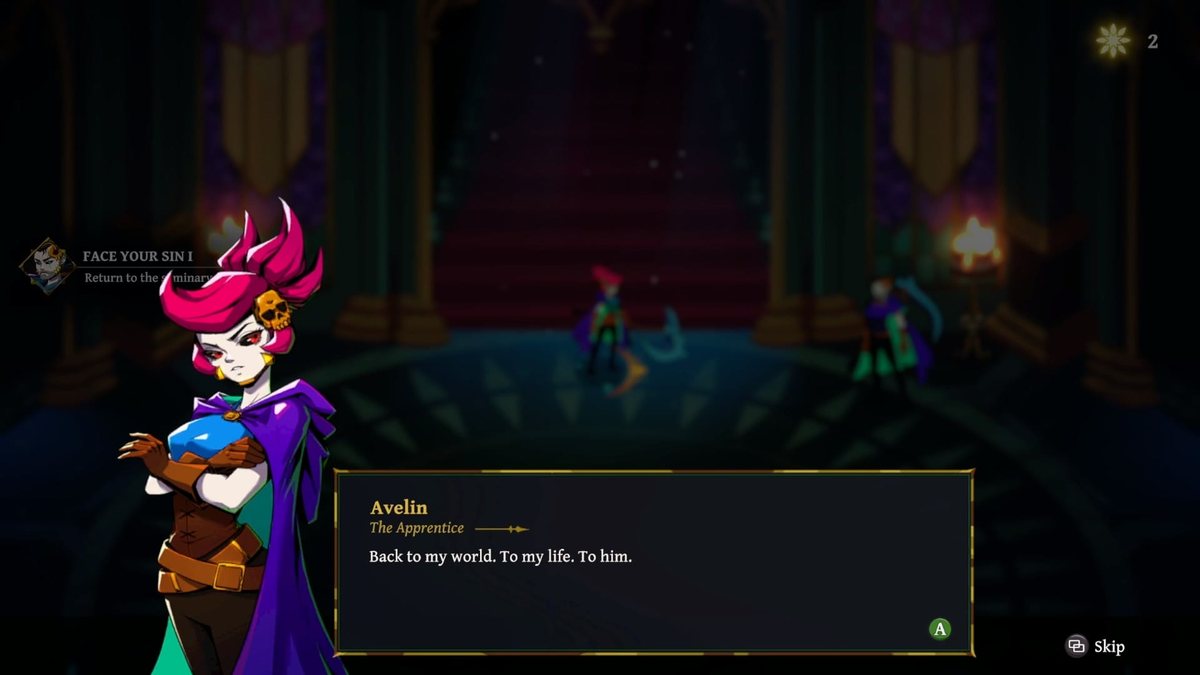 Avelin conversa dentro de la academia de Grim Trials