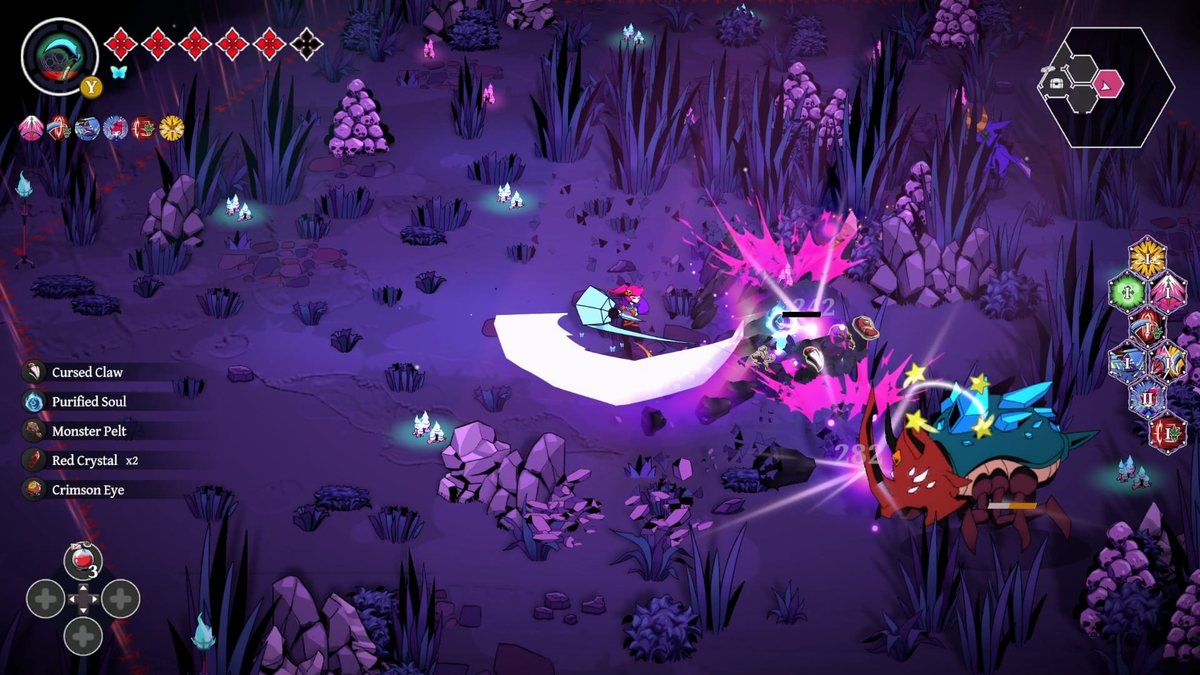 Avelin enfrenta enemigos en una arena oscura de Grim Trials