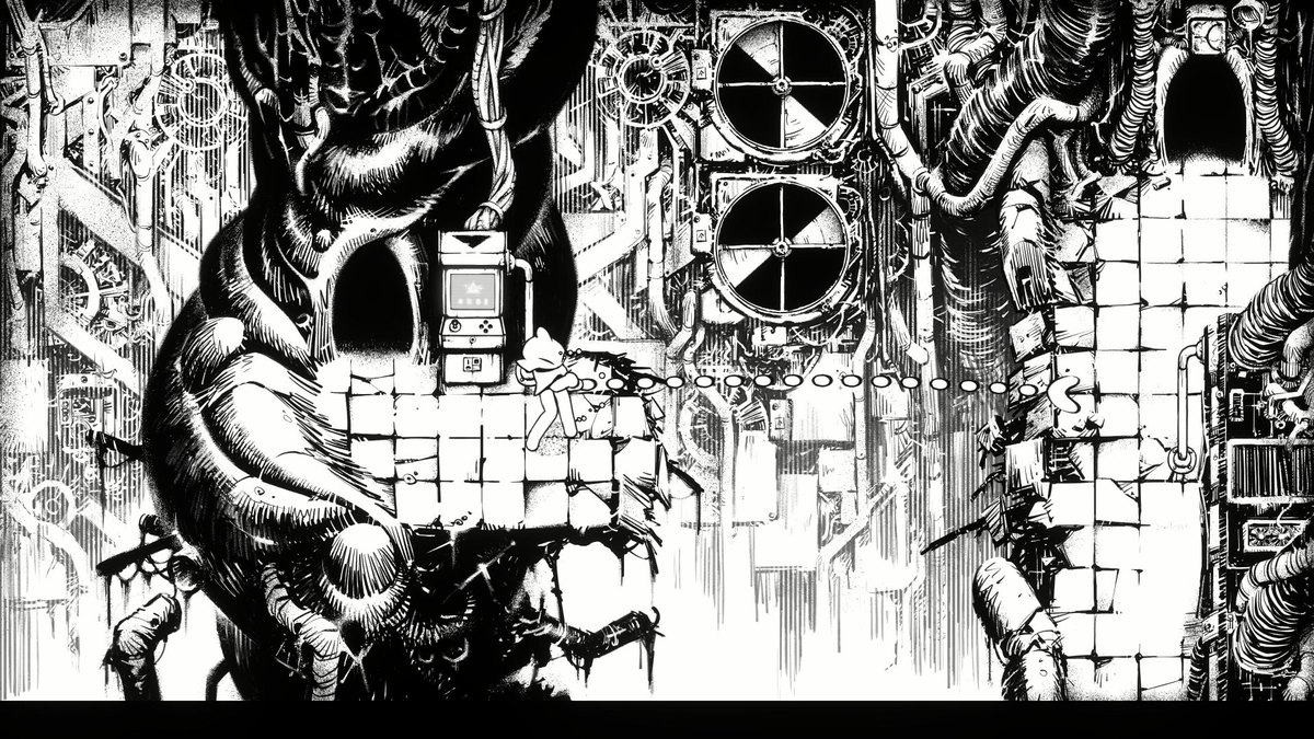 Una zona de Helix presenta plataformas y mecanismos contrastados en una composición ilustrada monocromática
