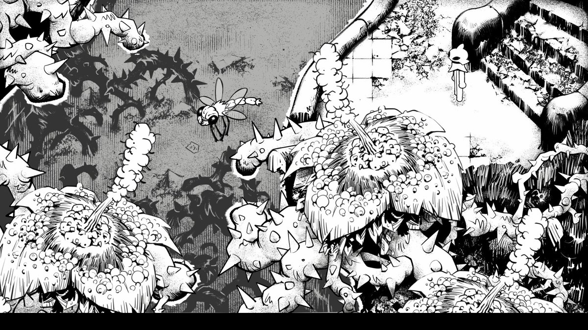Un personaje recorre un paisaje dibujado en blanco y negro, lleno de formas orgánicas en Helix: Descent N Ascent