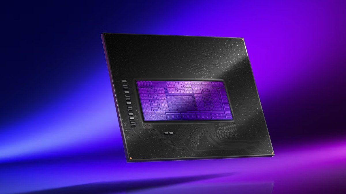 Render oficial de un chip Intel Arc sobre un fondo violeta