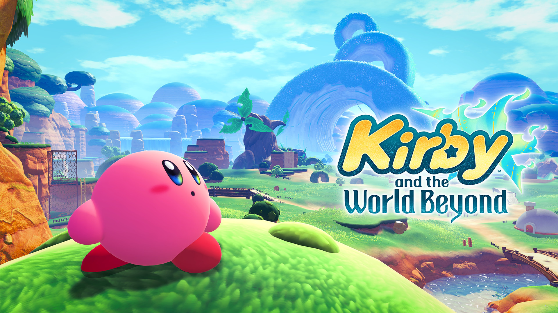 Kirby contempla un valle colorido junto al logotipo de Kirby and the World Beyond