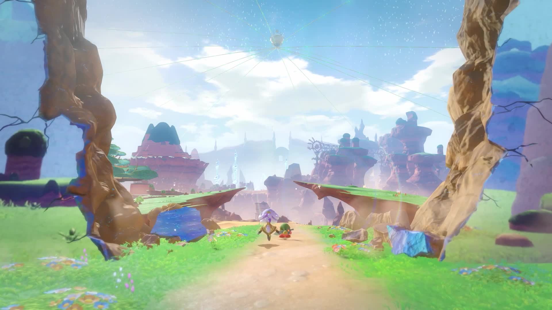 Kirby y una nueva acompañante avanzan hacia un paisaje fracturado con islas de roca suspendidas