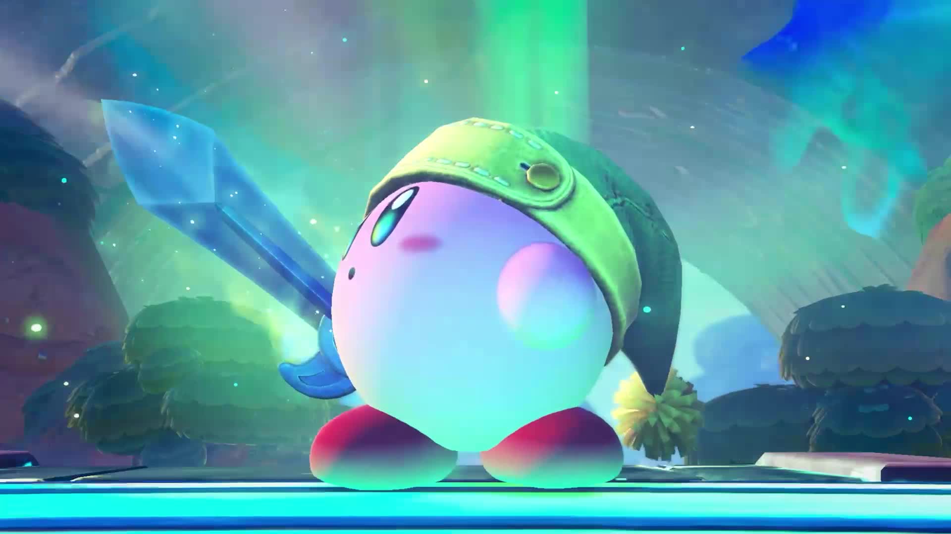 Kirby con la habilidad Espada sostiene una gran hoja azul bajo una luz verde