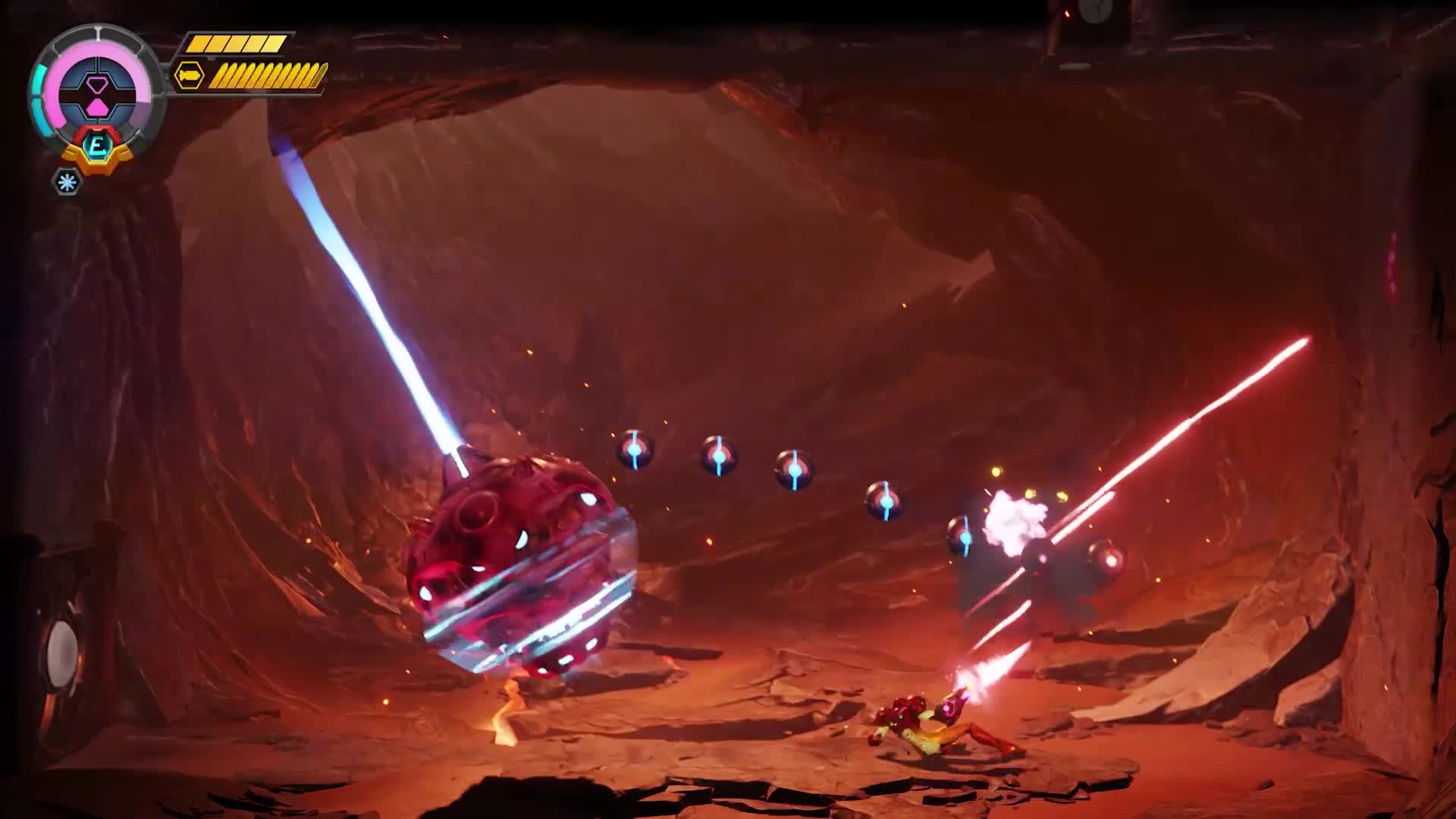 Samus dispara contra una criatura flotante en una caverna iluminada por tonos rojos