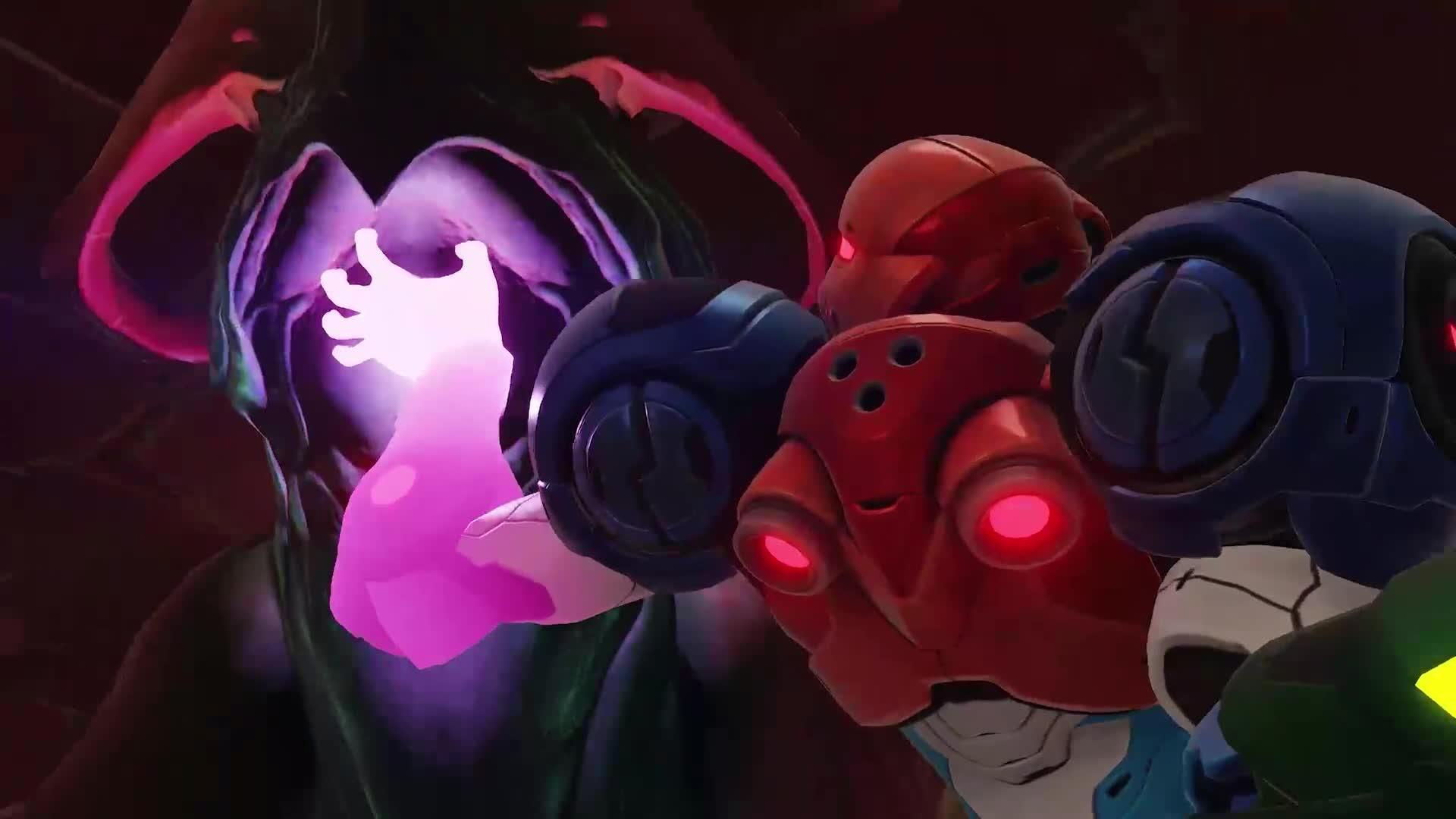 Samus extiende una mano luminosa hacia una criatura para absorber energía púrpura