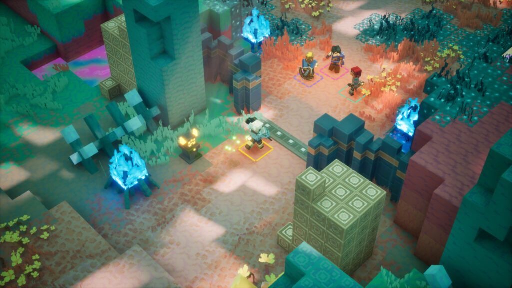 Un grupo de personajes explora un área con portales azules en The Sift para Minecraft Dungeons II