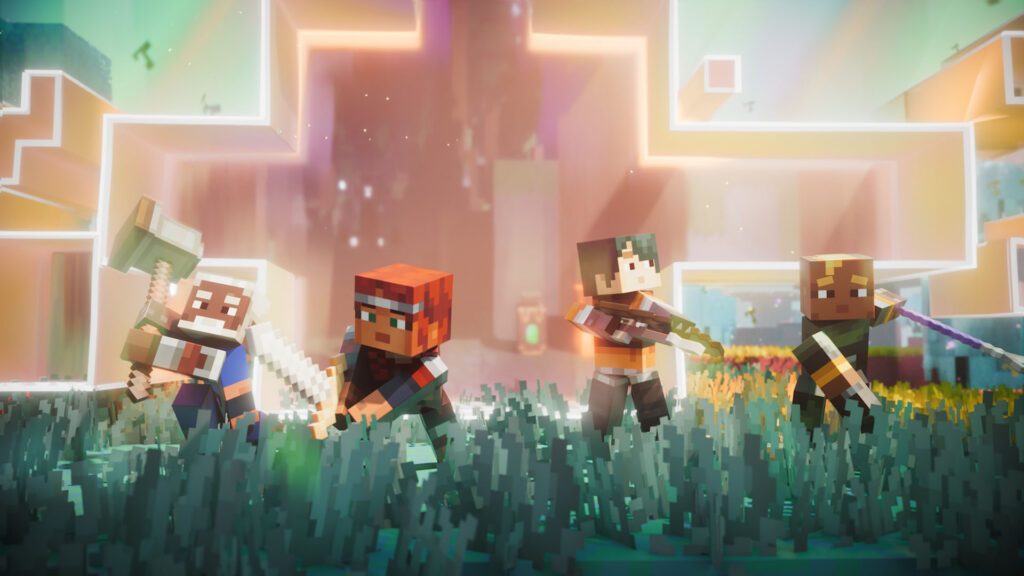 Personajes de Minecraft Dungeons II atraviesan un entorno luminoso de The Sift
