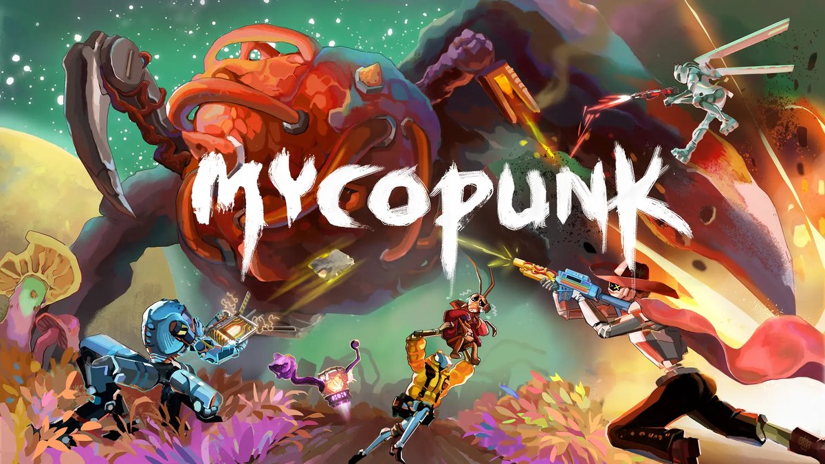 Arte oficial de Mycopunk con varios personajes y criaturas alrededor del logotipo