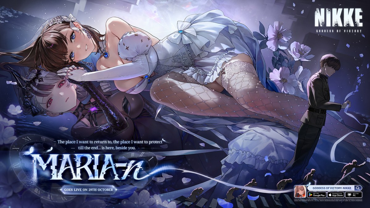 Arte oficial de Marian: Queen con vestido blanco y el texto que anuncia su llegada a NIKKE el 29 de octubre
