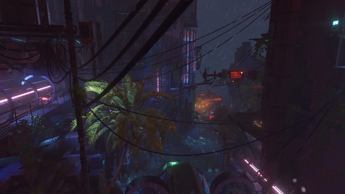 Un distrito de Nivalis bajo la lluvia, con luces de neón entre edificios densos