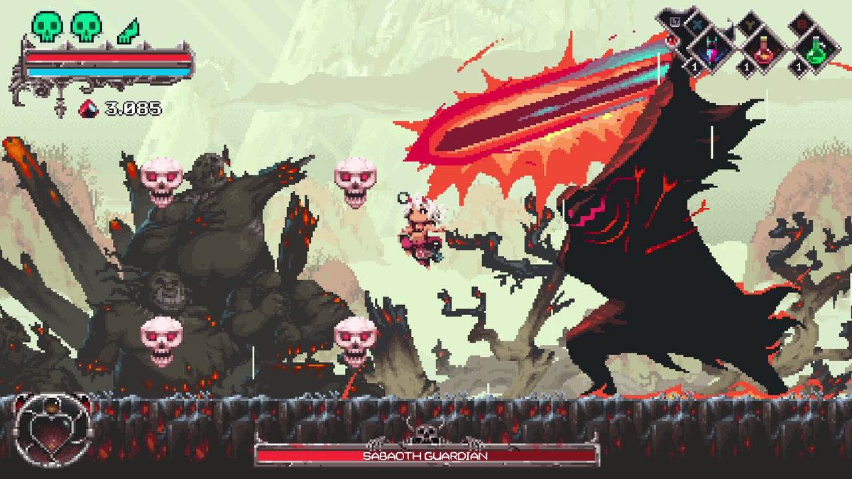 Okko se eleva frente al jefe Sabaoth Guardian en una captura oficial de combate