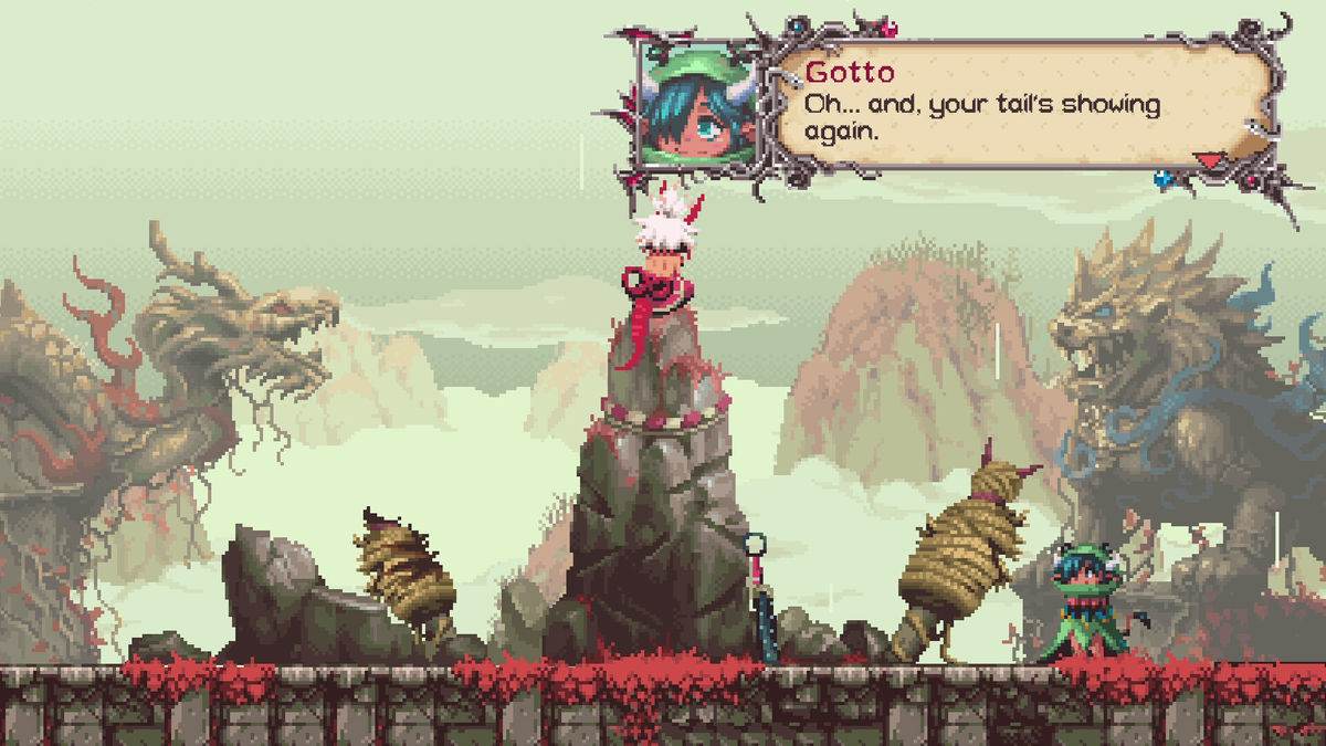 Okko conversa con un personaje mientras dos criaturas aparecen en el escenario