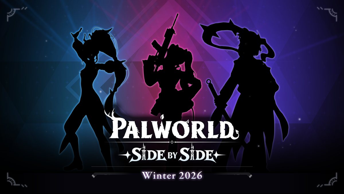 Teaser oficial de Palworld: Side by Side con tres figuras en silueta y la ventana invierno de 2026