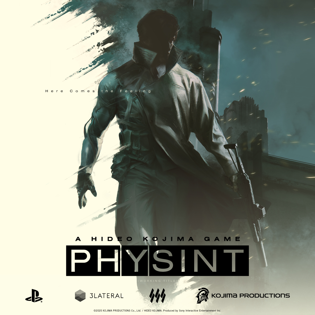 Arte conceptual de PHYSINT con una figura armada frente a una ciudad y los logotipos de PlayStation y Kojima Productions