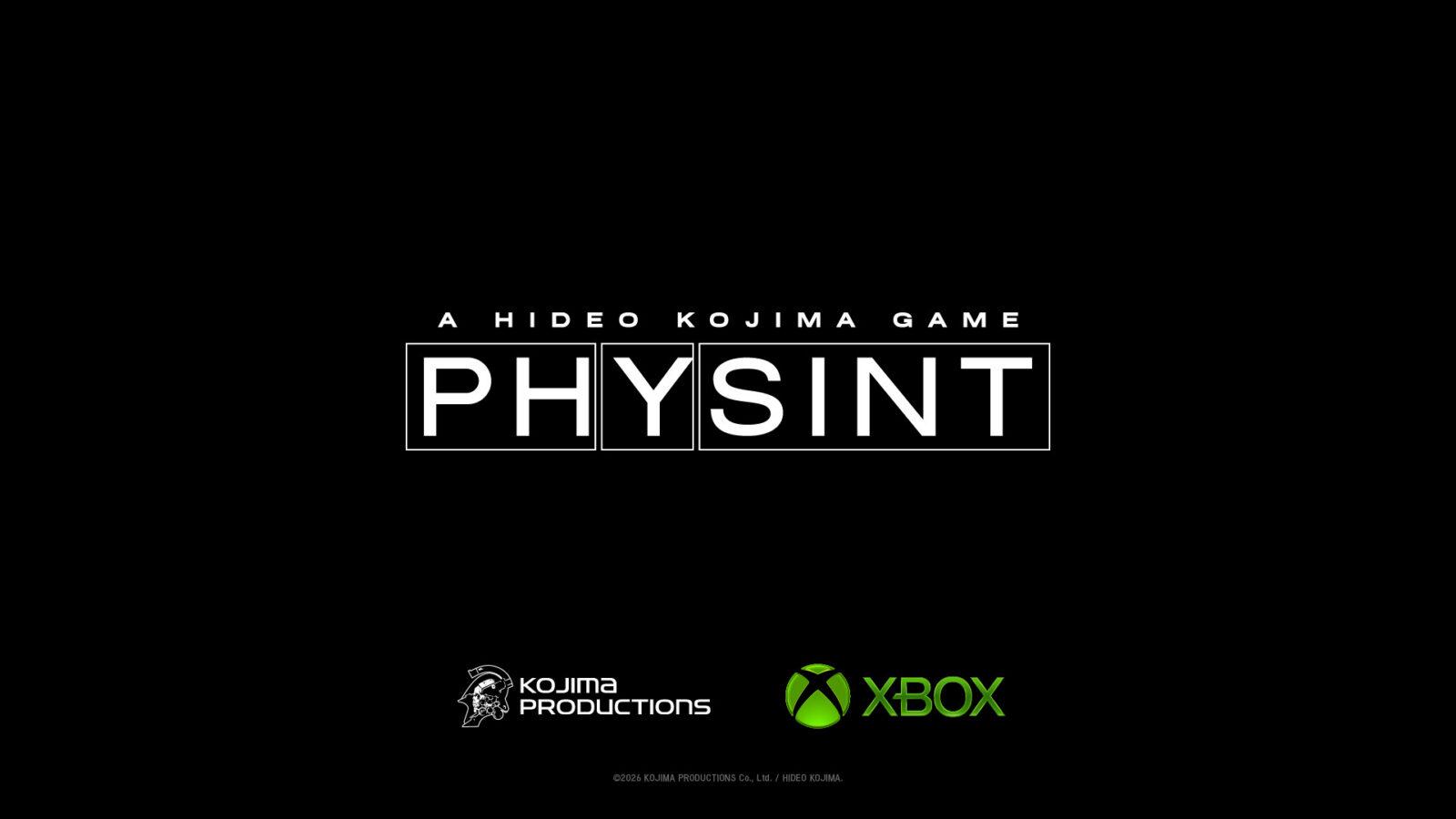 Logotipo de PHYSINT sobre los emblemas de Kojima Productions y Xbox en un fondo negro