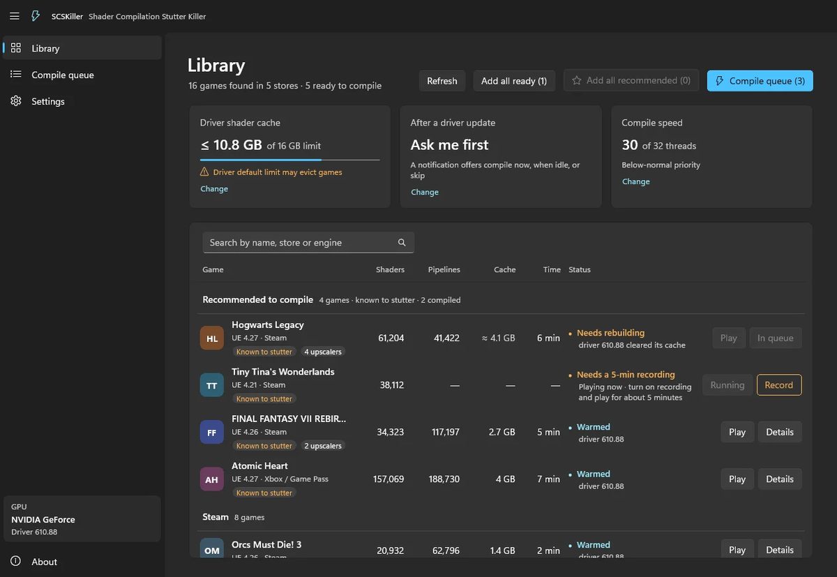 Biblioteca de juegos de SCSKiller con datos de shaders y estado de compilación