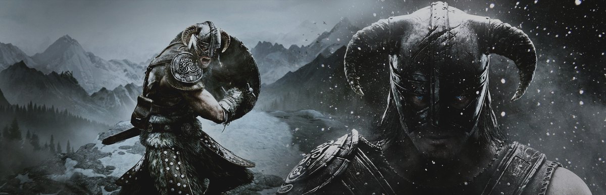 Arte oficial de Skyrim Special Edition con el Dovahkiin en una escena nevada