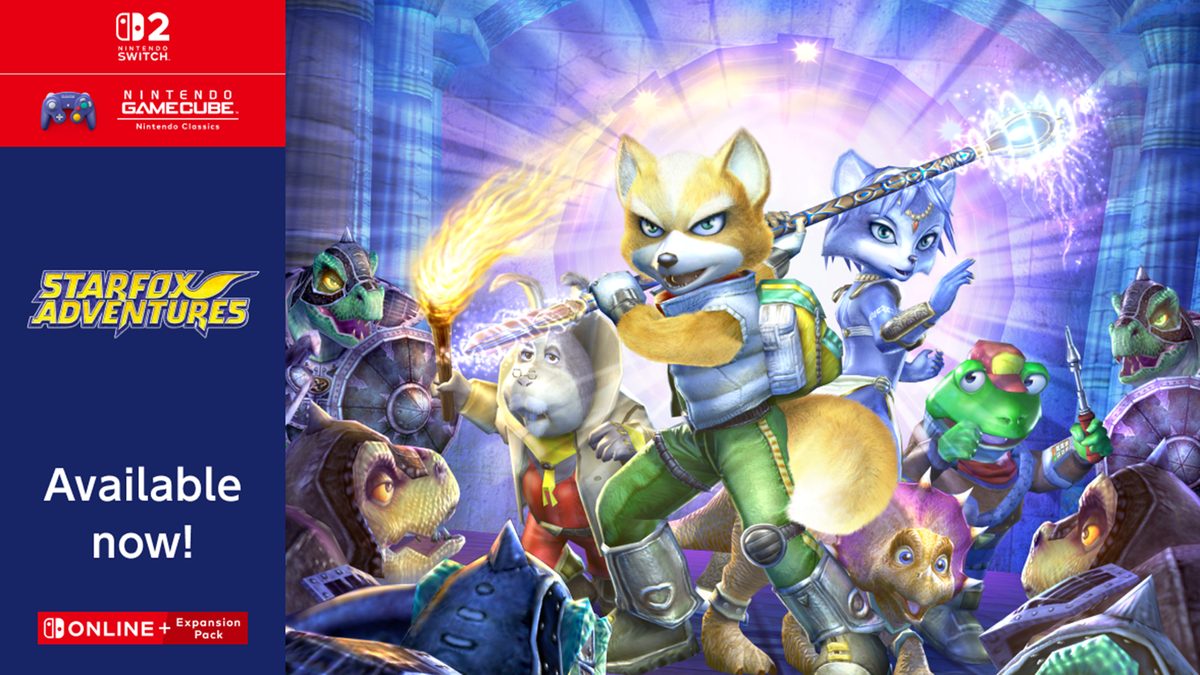 Fox McCloud, Krystal, Tricky y otros personajes de Star Fox Adventures frente a un paisaje de Dinosaur Planet