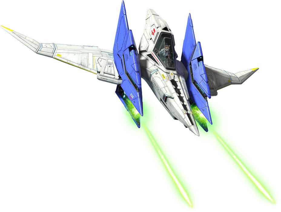 Un Arwing blanco y azul de Star Fox vuela sobre un fondo blanco