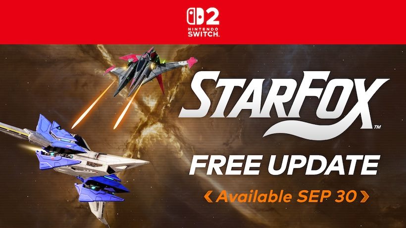 Naves Arwing vuelan frente al logo de Star Fox y el anuncio de una actualización gratuita
