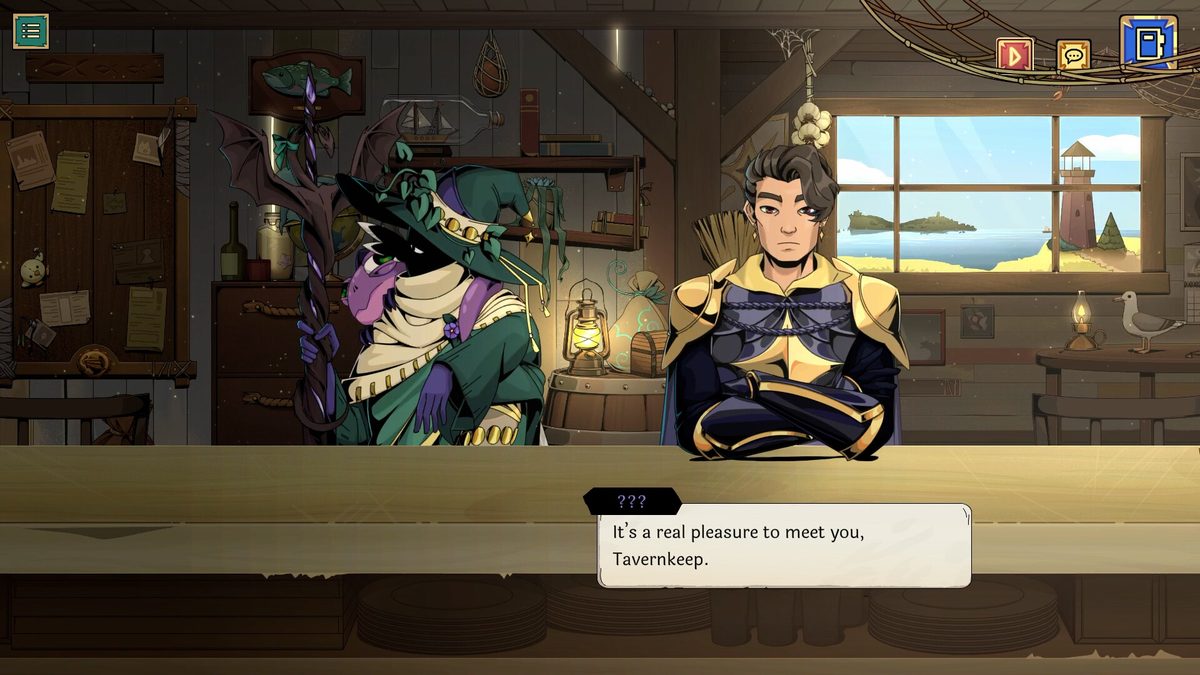 Dos personajes de fantasía conversan frente a la barra de la taberna en Tavern Talk Stories: Dreamwalker