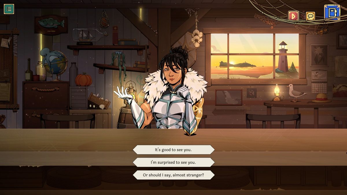 Una aventurera conversa desde el mostrador de una taberna costera al atardecer en Tavern Talk Stories: Dreamwalker