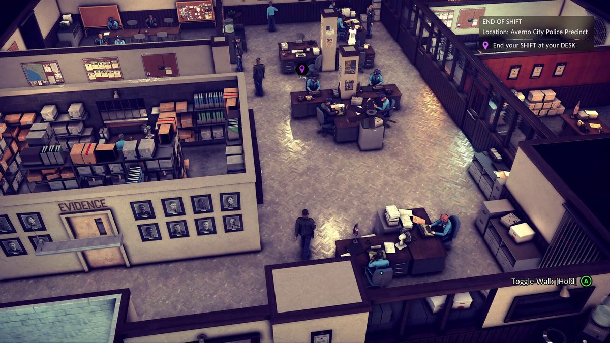 Vista interior de una estación policial de Averno City en The Precinct
