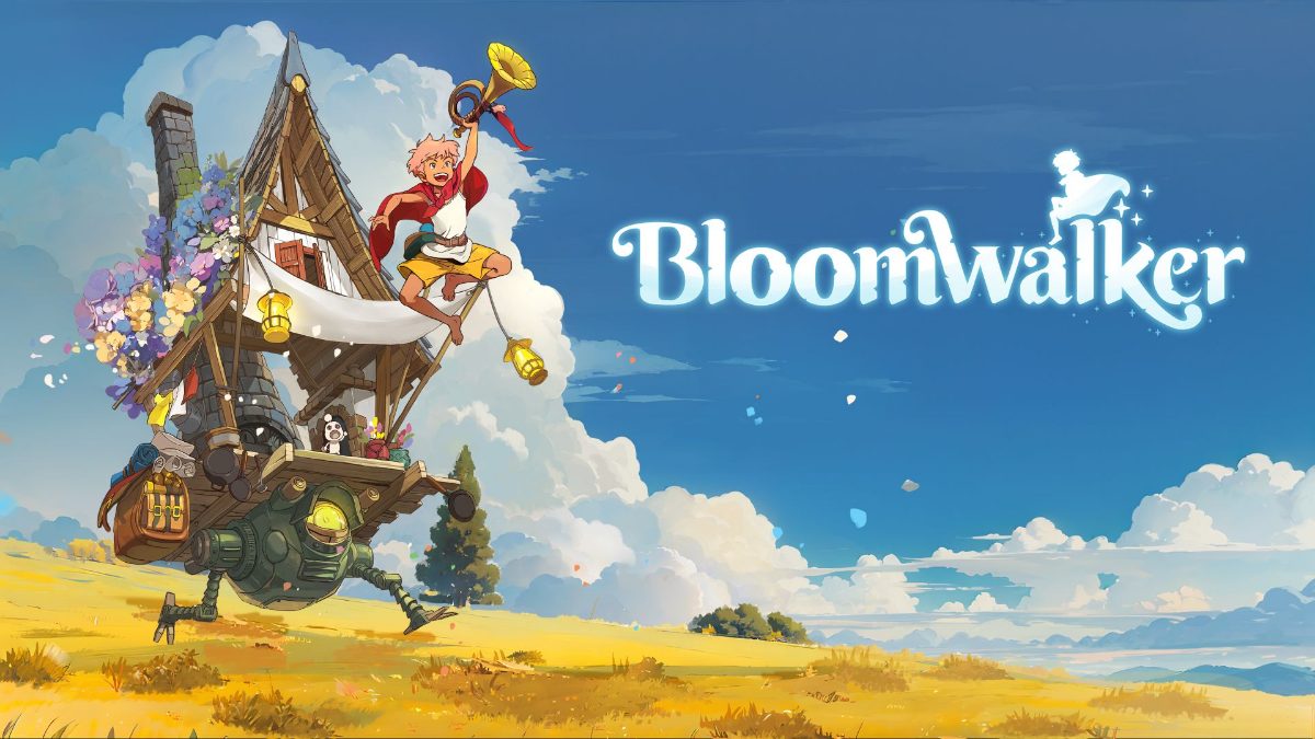Personaje de Bloomwalker camina con una criatura junto a una casa móvil en un paisaje verde