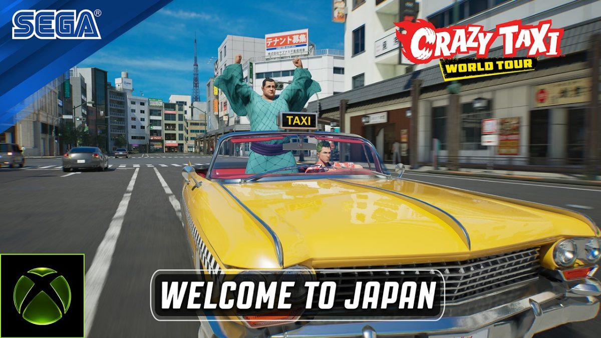 Taxi amarillo circula por una calle japonesa iluminada durante el tráiler de Crazy Taxi: World Tour