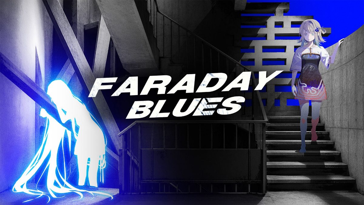 Arte de Faraday Blues muestra a Lina ante un paisaje de ciencia ficción con fragmentos de cartas flotantes